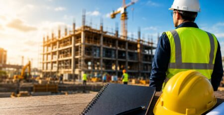Construction site manager studying SMSTS course notes
