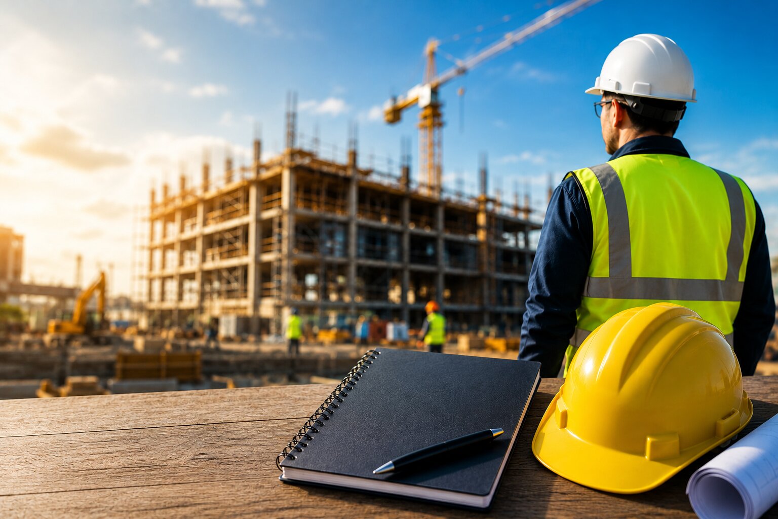 Construction site manager studying SMSTS course notes