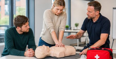 Workplace delegates attending a first aid training session in London